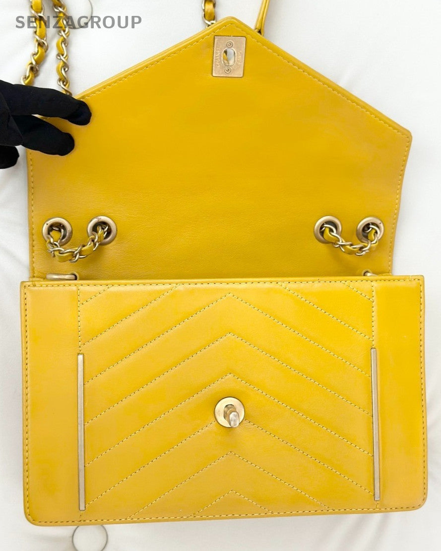 CHANEL Calfskin V-shaped pattern Chain Shoulder Handbag Yellow Women