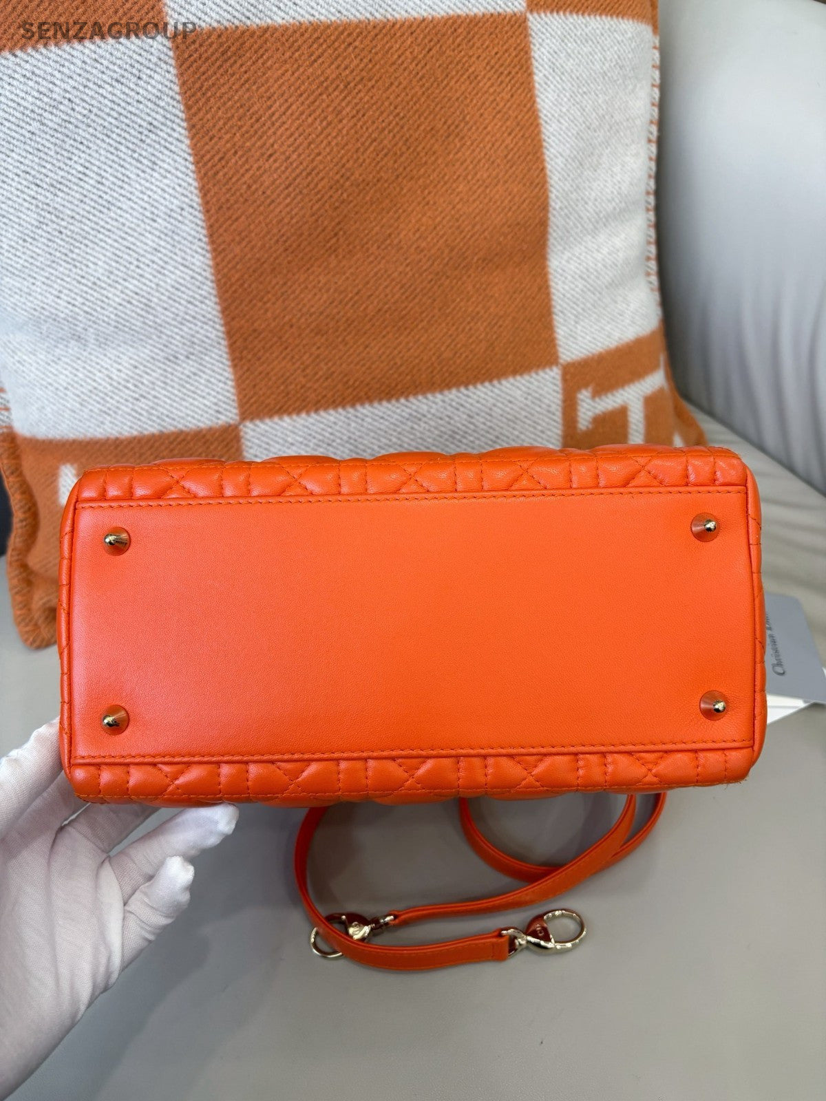 Christian Dior Lady Top Handle Lambskin 2WAY Shoulder Handbag Women Orange