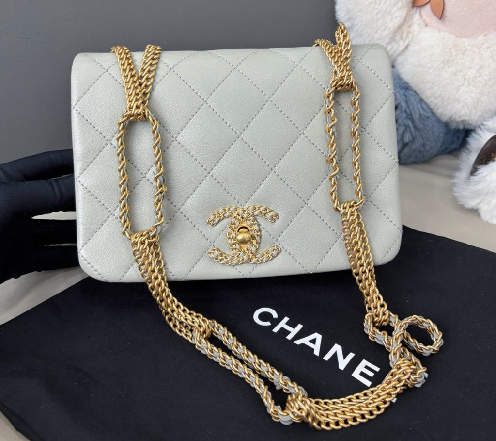 Chanel Diamond Double Chain Shoulder Bag Gray Gold Women Classic Fashion