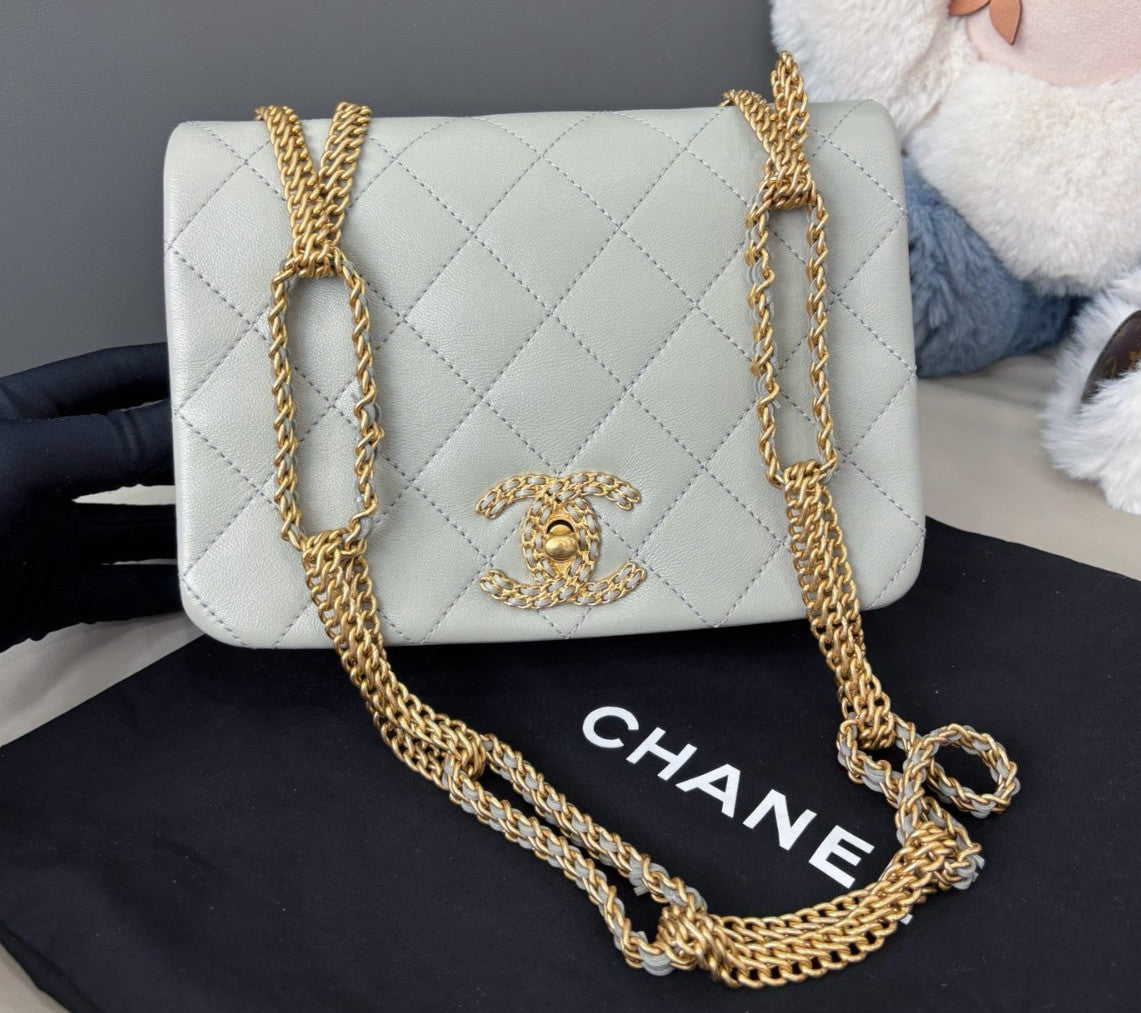 Chanel Diamond Double Chain Shoulder Bag Gray Gold Women Classic Fashion
