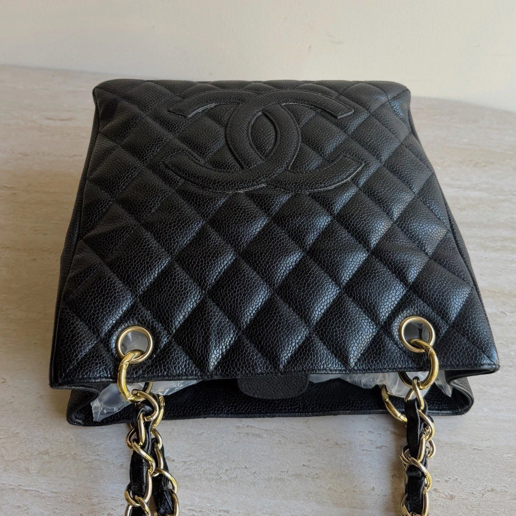 Chanel PST Calfskin Leather Black Tote Chain Shoulder Bag Diamond Gold Hardware