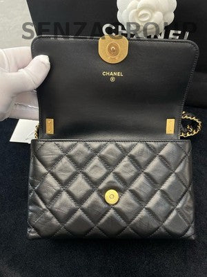 Chanel 23K Classic Black Gold Quilted Chain Shoulder Crossbody Bag