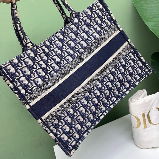 Christian Dior Oblique MM Tote Top Handle Bag Blue White Used Women Classic