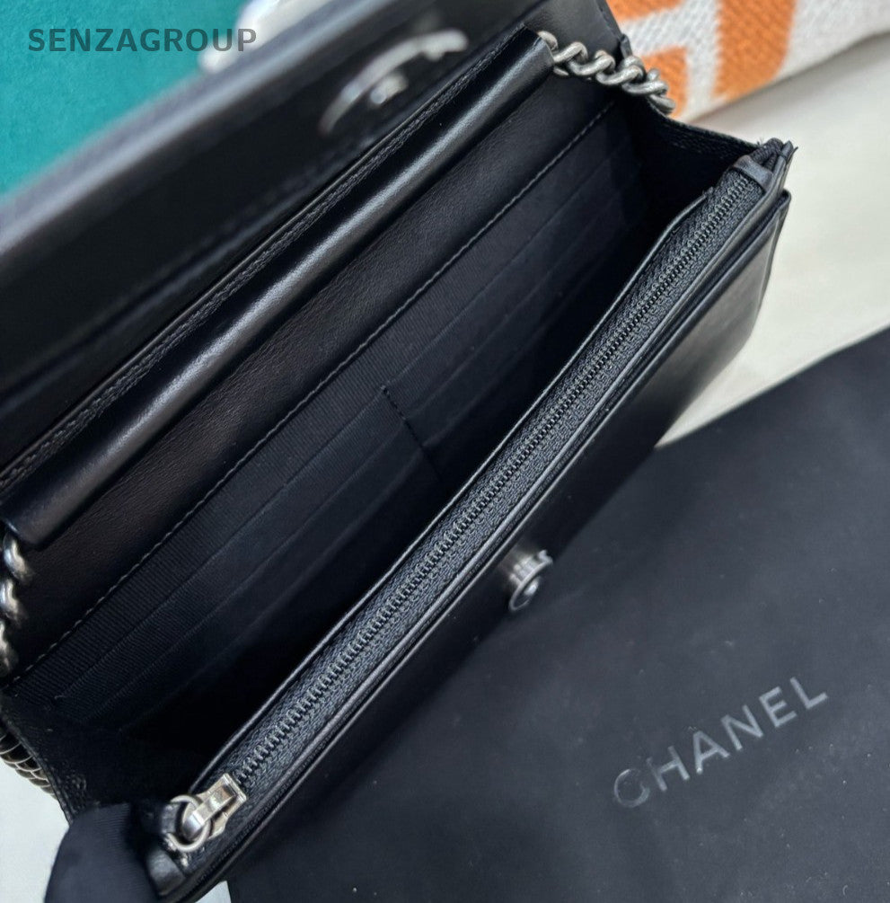Chanel Leboy WOC Chain Calfskin Shoulder Bag Crossbody Black Silver Women