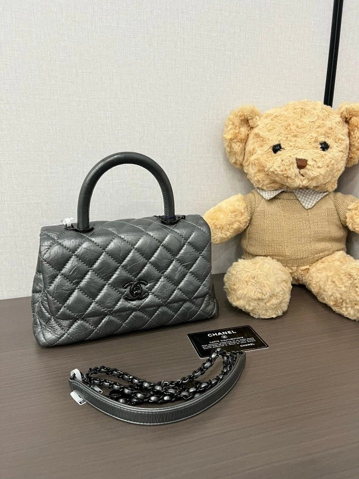 Authentic CHANEL Silver Gray Coco Handle Small Handbag For Women