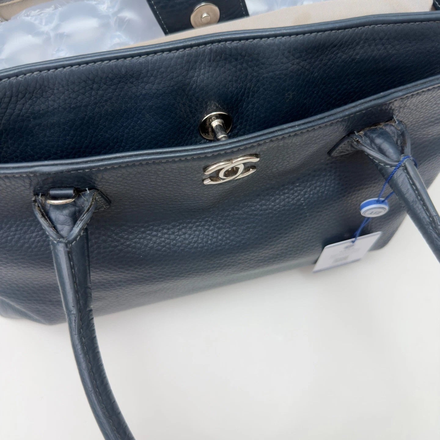 Chanel Cerf Tote Calfskin Shoulder Bag Blue Silver Hardware Women Classic