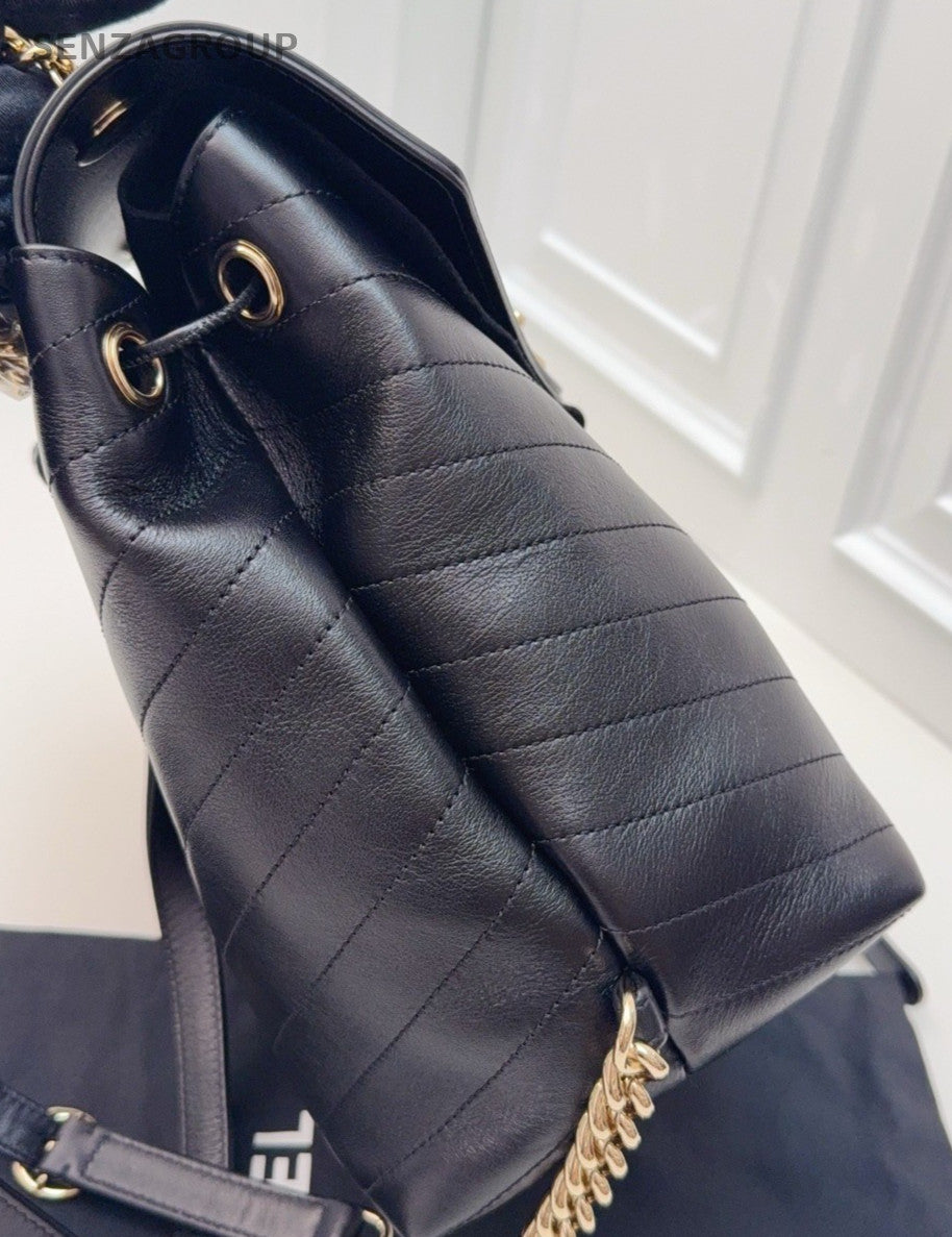 Chanel Calfskin Vintage Backpack Black Gold Used Women Classic Designer