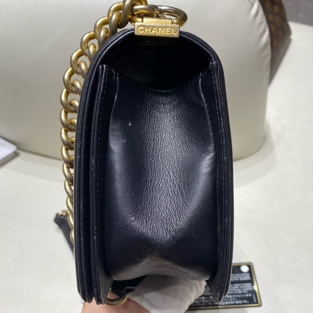Chanel Le Boy Medium Calfskin Quilted Black Gold Chain Shoulder Bag