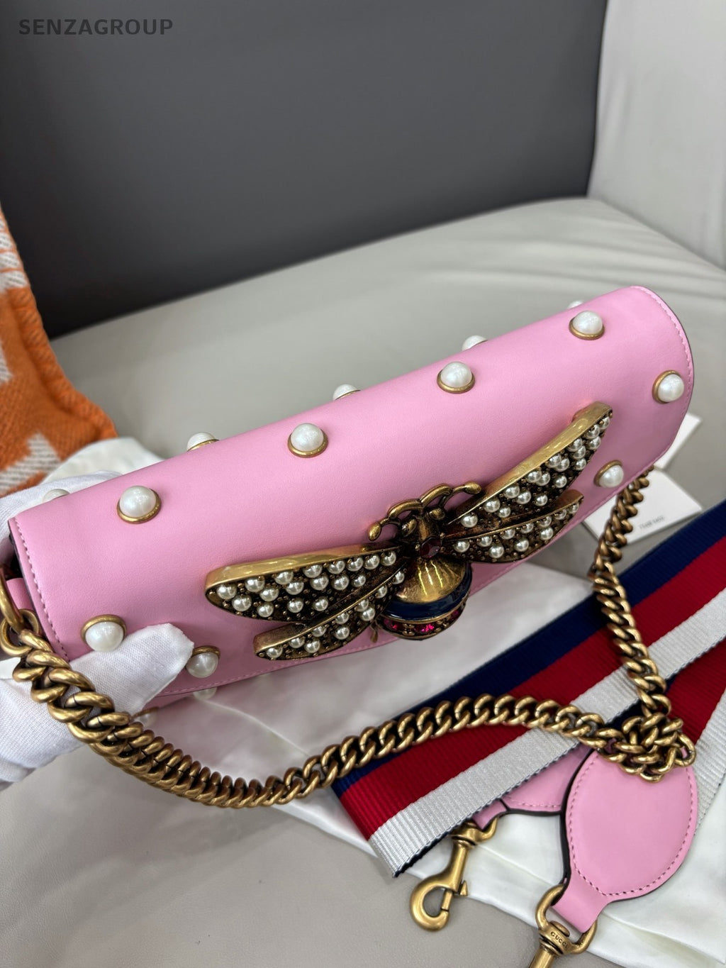 GUCCI Margaret Beer Pearl Chain Shoulder bag Crossbody Pink Women