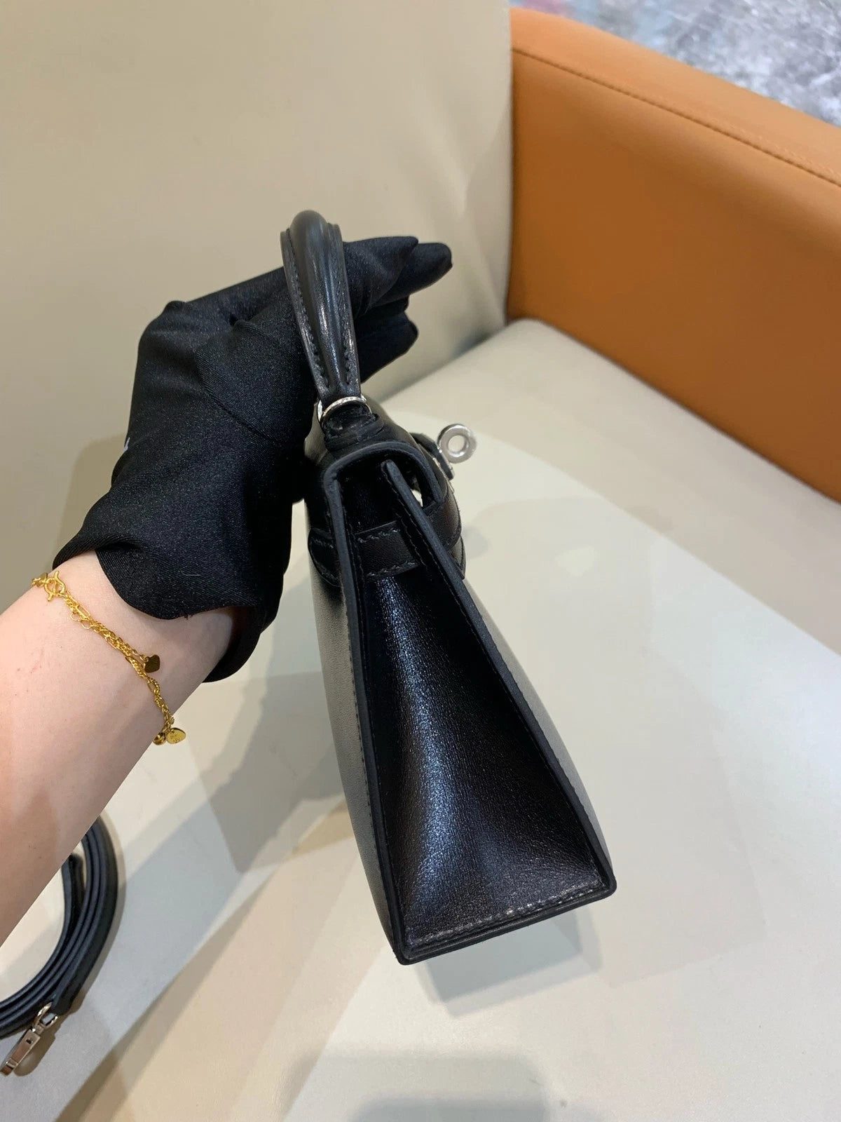 Hermes Mini Kelly Black Silver Box Leather Top Handle Bag For Women