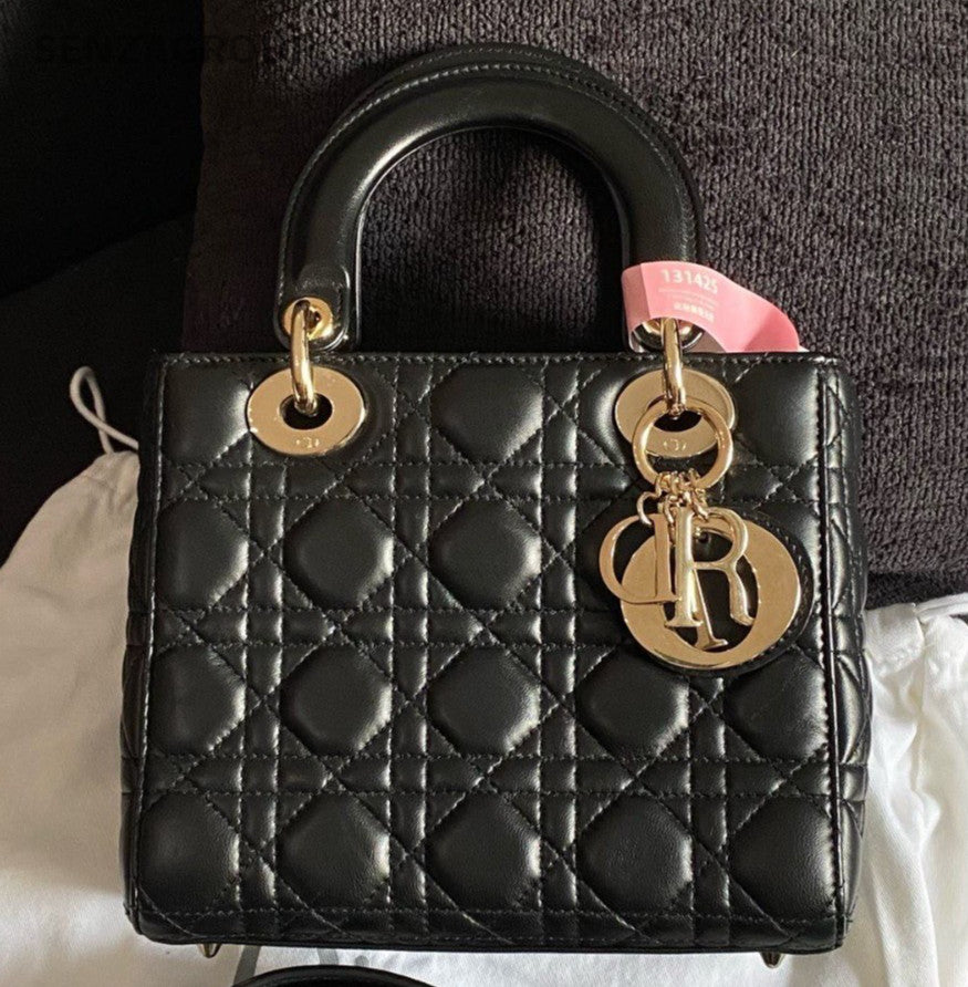 Christian Dior Lady Dior 2Way Black Gold Top Handle Bag Crossbody Women Classic