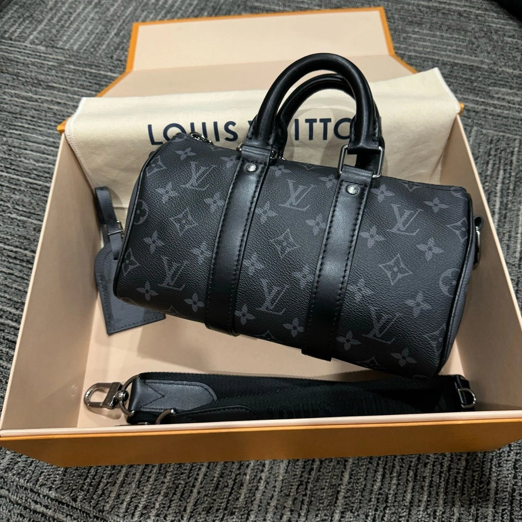 Louis Vuitton Keepall Canvas Black Handbag Top Handle Excellent