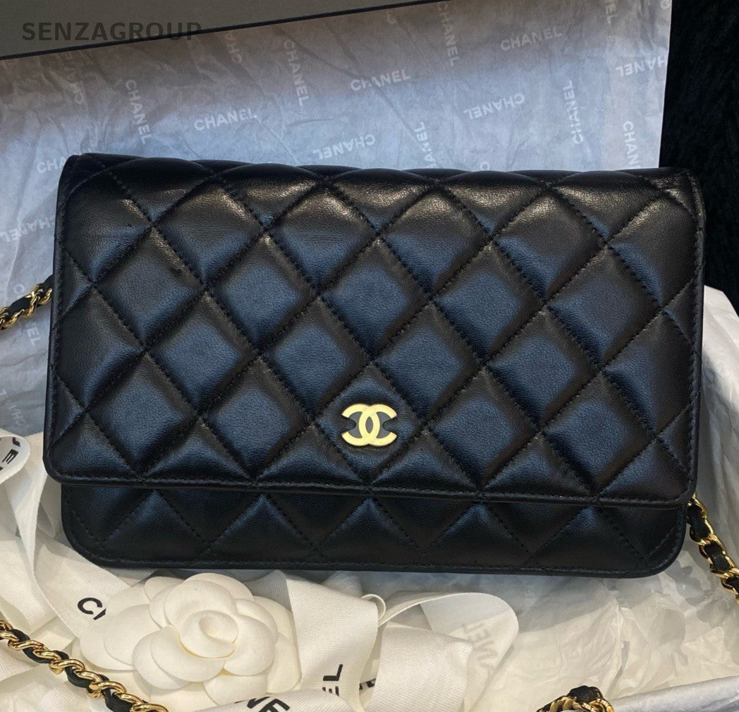 Chanel WOC Chain Diamond Shoulder Bag Crossbody Black Gold Women Classic