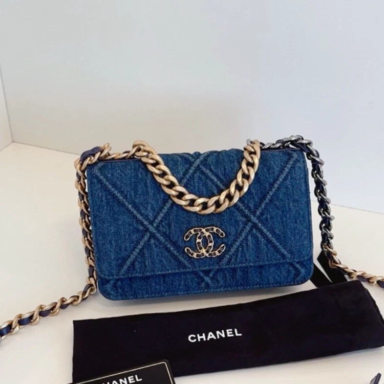 Chanel 19Bag WOC Denim Chain Top Handle Crossbody Blue Gold Women Classic