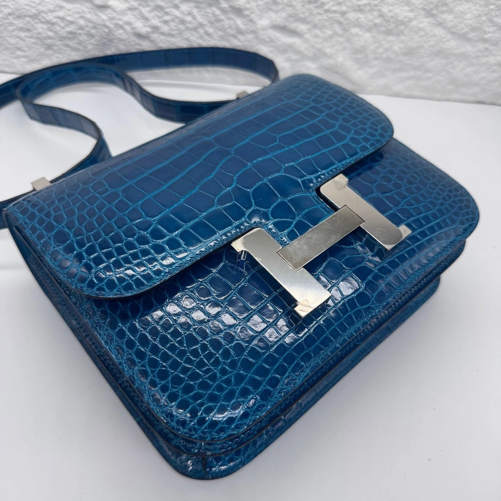 Hermes Constance24 Women Shiny Leather Blue Shoulder Bag
