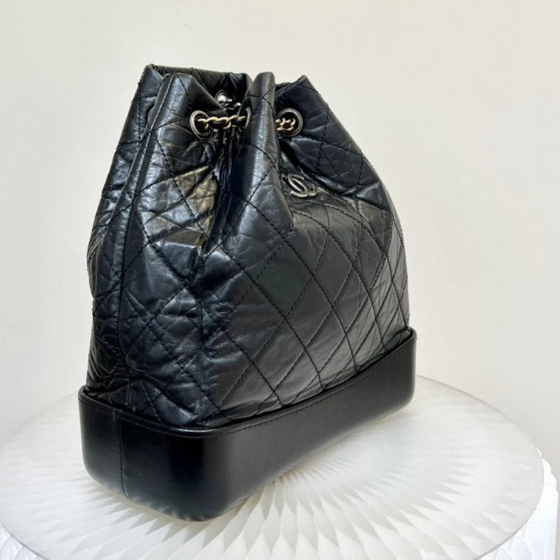 Chanel Gabrielle Chain Backpack Black Gold Diamond Women Classic