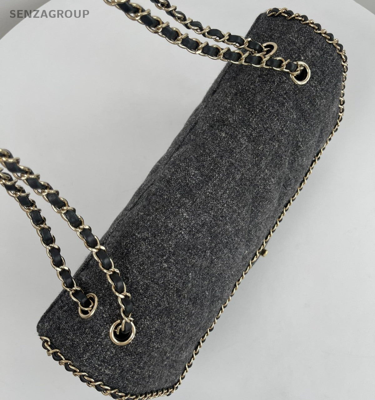 Chanel Tweed Trim Classic Flap Chain GM Shoulder Bag Gray Gold Used Women