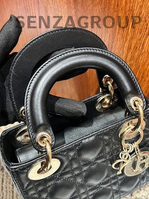 Dior Lady Dior Black Gold Cannage Handbag Classic Fashion