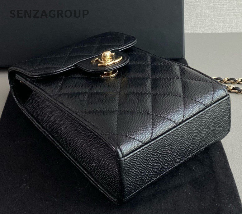 Chanel Diamond Chain Shoulder Bag Crossbody Black Gold Women Classic