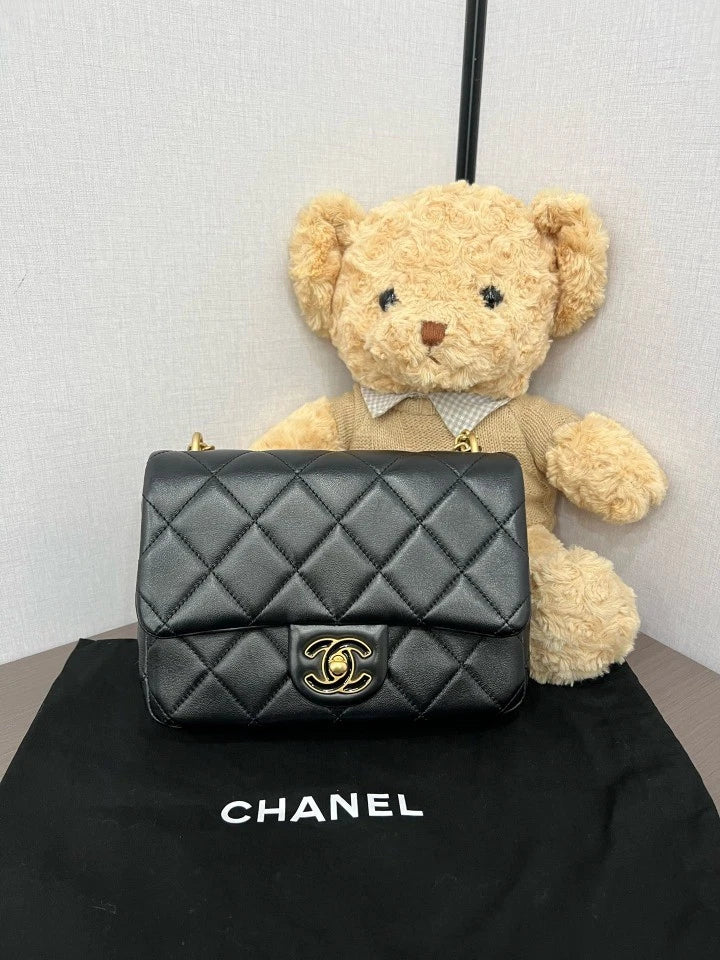 CHANEL Black Gold Lambskin Square Crossbody Bag For Women