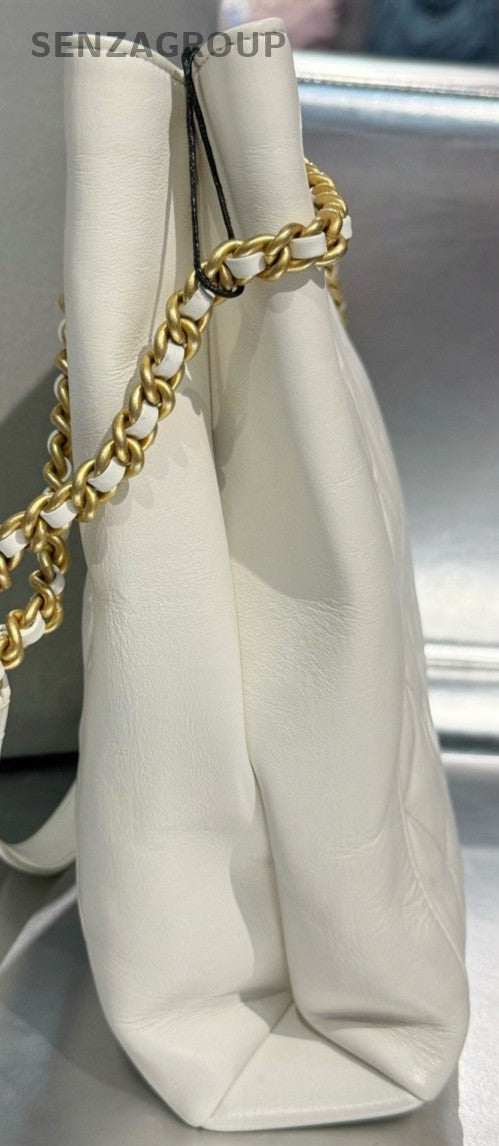 Chanel Calfskin Tote Chain Shoulder Bag White Gold Used Women Diamond Classic