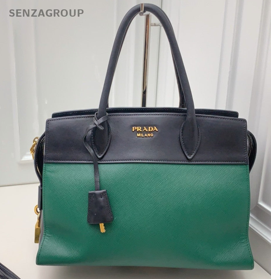 Prada Galleria 2Way Handbag Shoulder Bag Green Black Gold Women Classic