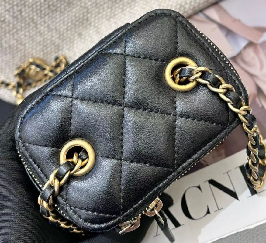 Chanel Diamond Mini Lambskin Box Chain Crossbody Black Gold Women Classic