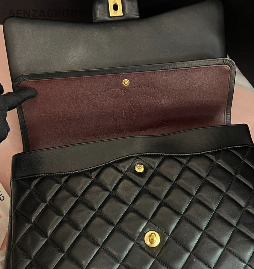Chanel Classic Flap Maxi Lambskin Chain Shoulder Bag Black Gold Women Designer