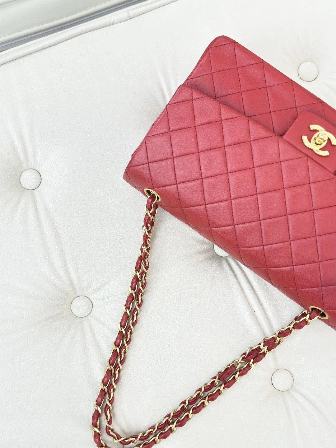 Chanel Vintage Classic Flap Chain Lambskin Shoulder Bag Red Gold Women S