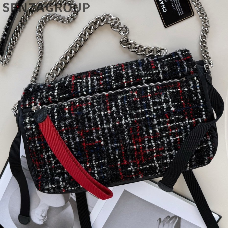 Chanel Nylon Chain Top Handle Shoulder Crossbody Black Silver Women Classic