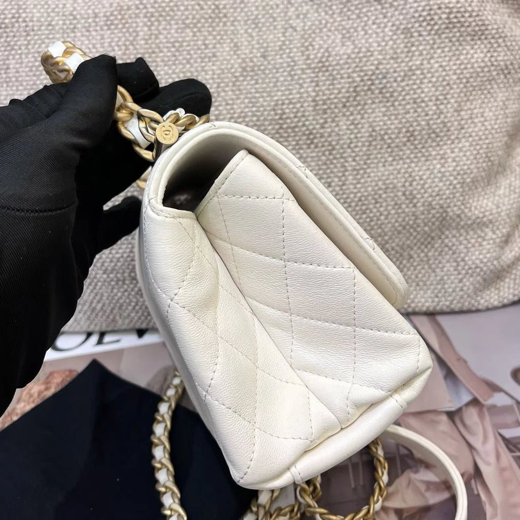 Chanel Diamond Chain Top Handle Crossbody White Gold Women Classic