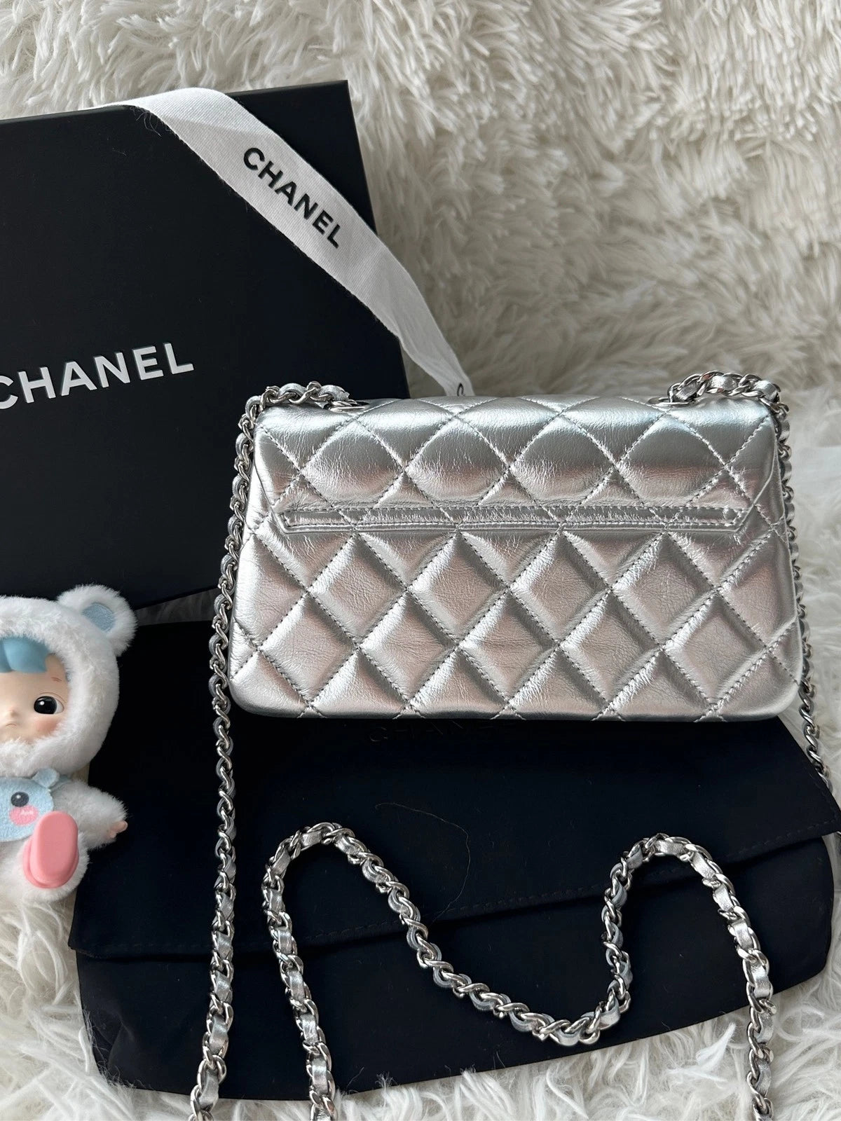 CHANEL Silver CF Mini Calfskin Flap Shoulder Crossbody Bag For Women