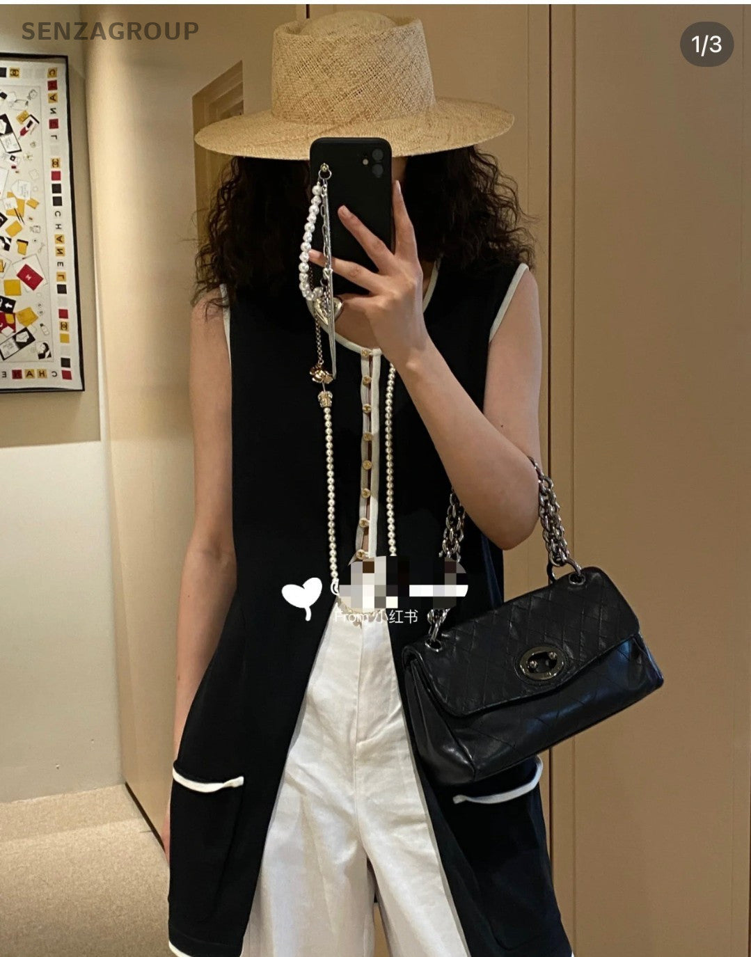 CHANEL Classic Pig nose Herringbone chain Shoulder bag Black Silver