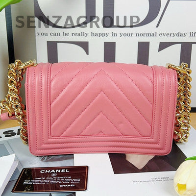 Chanel Le Boy Chevron Quilted Chain Shoulder Bag Pink Gold