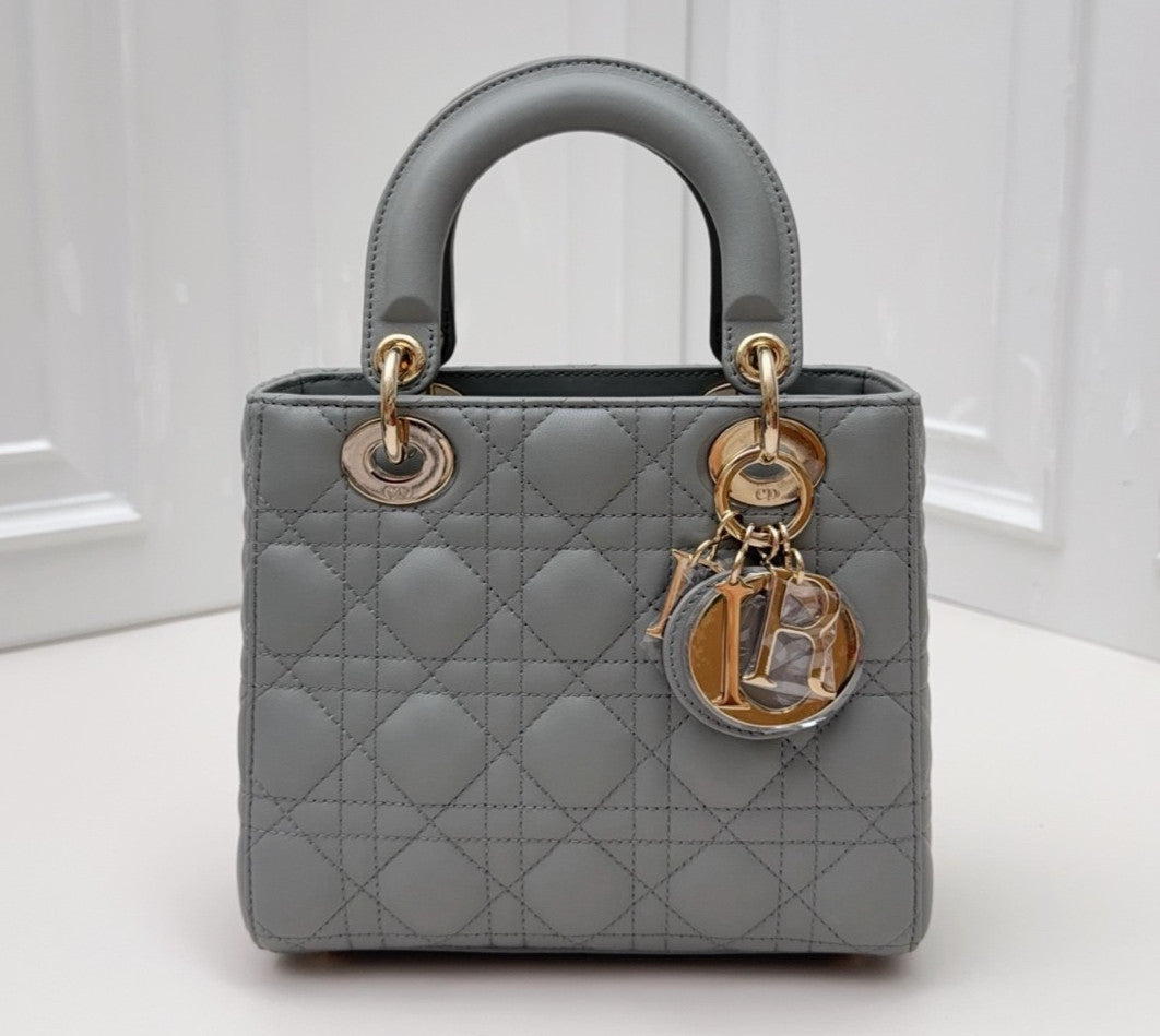 Christian Dior Lady Dior Cannage Top Handle Bag Crossbody Gray Gold Women
