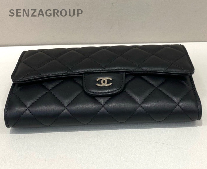 Chanel Diamond Long Wallet Clutch Black Silver Used Women Classic