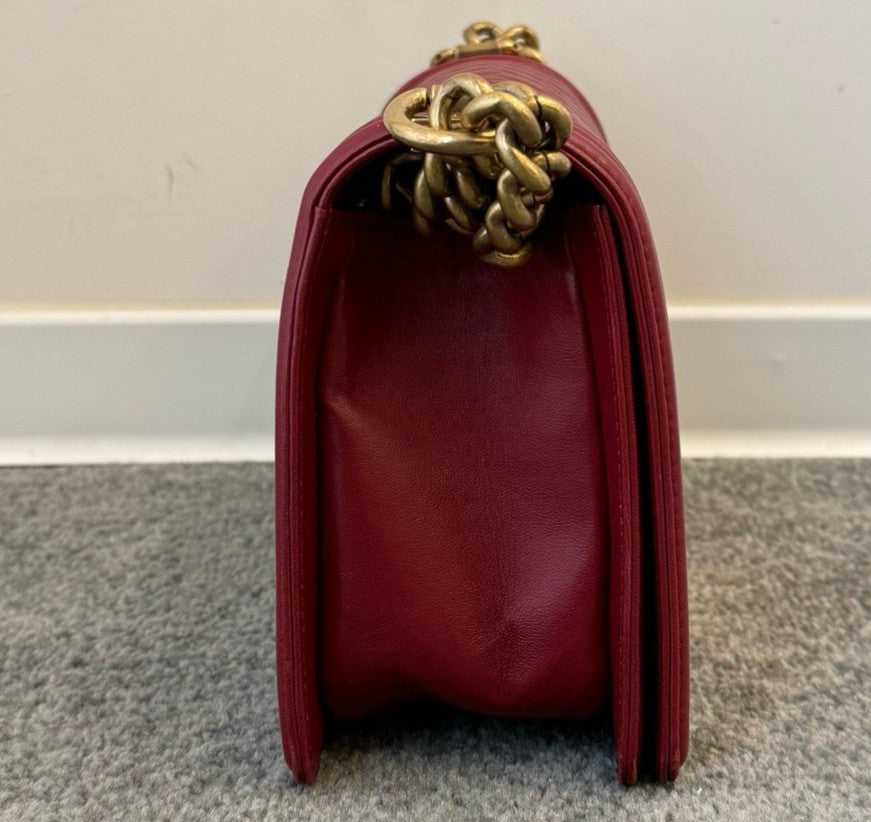 Chanel Leboy MM Lambskin Chain Shoulder Bag Crossbody Red Gold Women Classic