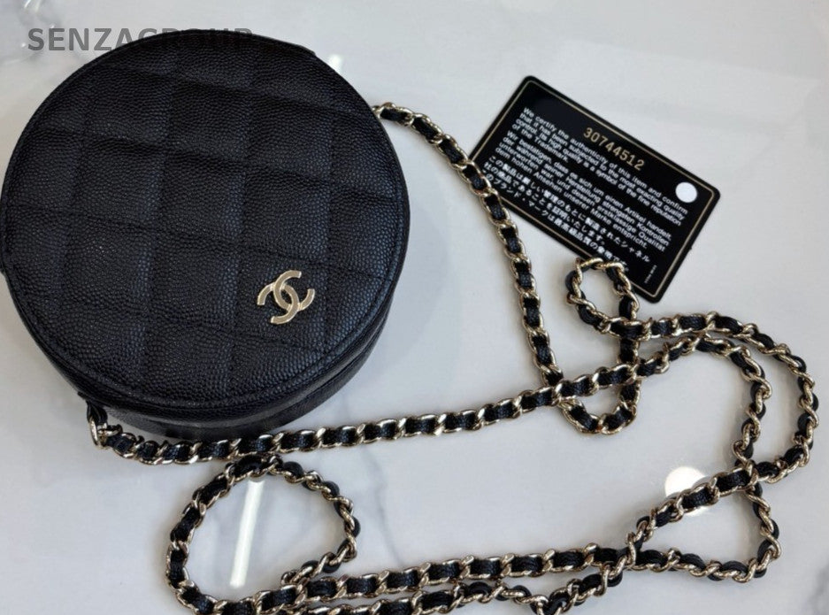 Chanel Caviar Leather Mini Round Flap Shoulder Crossbody Bag Black Women