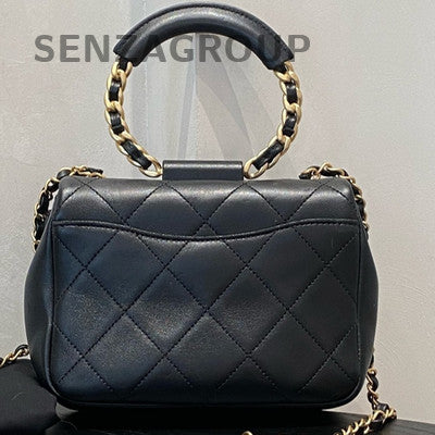 Chanel Black Lambskin Gold Hardware Circle Handle Chain Crossbody Bag