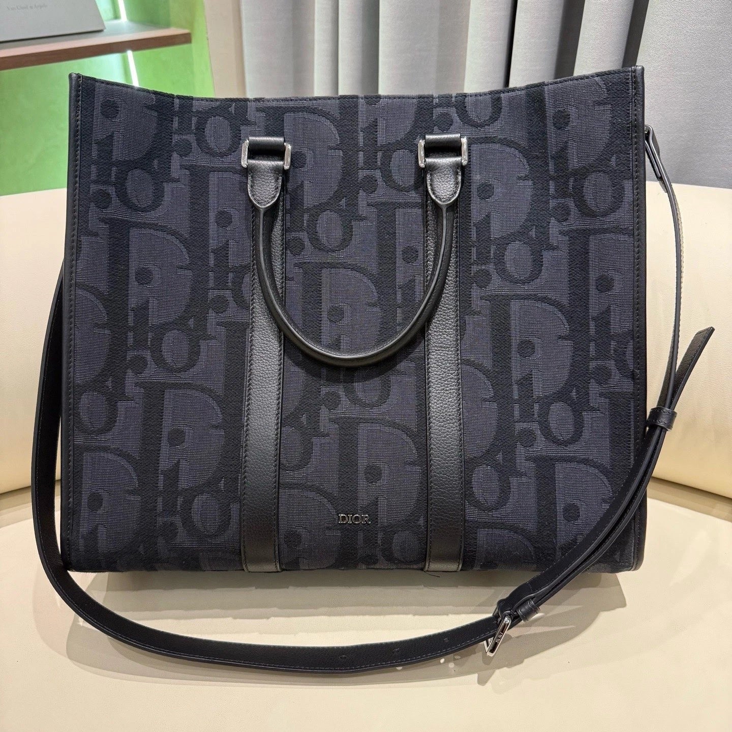 Christian Dior East-West Oblique Canvas Black Silver Tote Handbag Crossbody