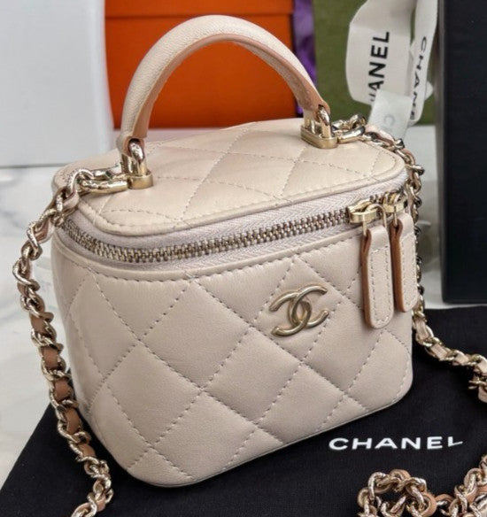 CHANEL Classic Box mini Top Handle Chain Strap Crossbody bag Women beige