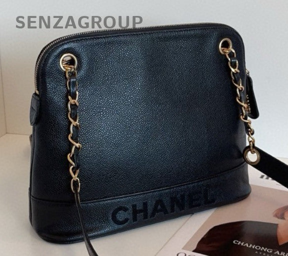 Chanel Calfskin Chain Shoulder Bag Black Gold Women Classic Vintage