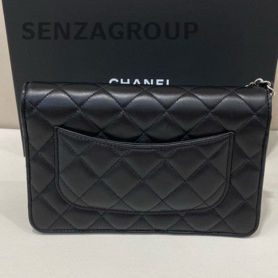 Chanel WOC Lambskin Black Silver Chain Shoulder Crossbody Bag Classic Quilted