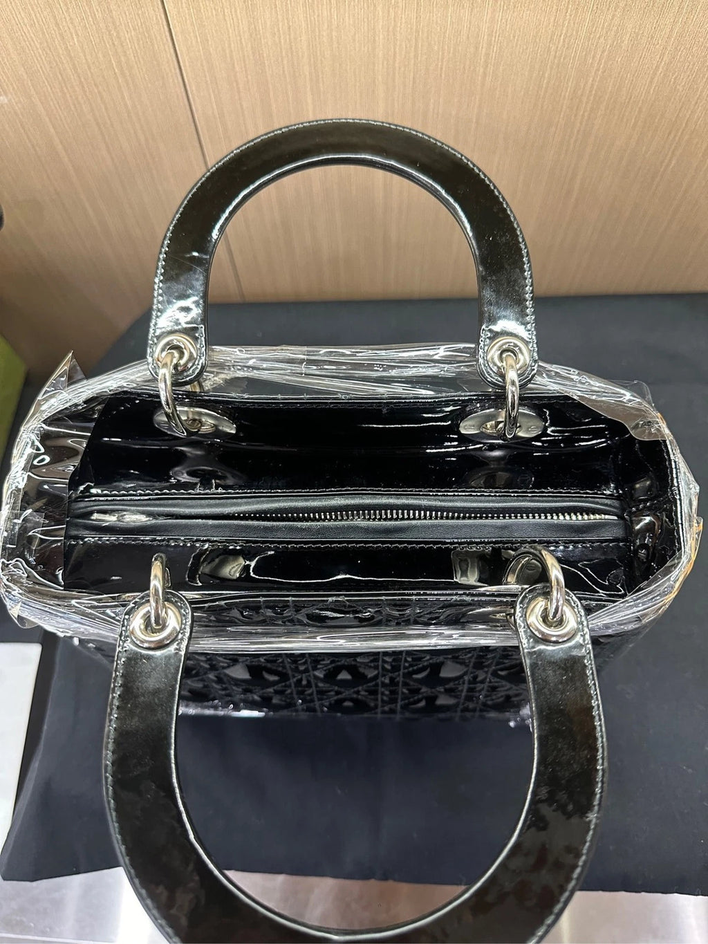 Dior Lady Dior 5 Grid Patent Leather Black Silver Handbag For Women