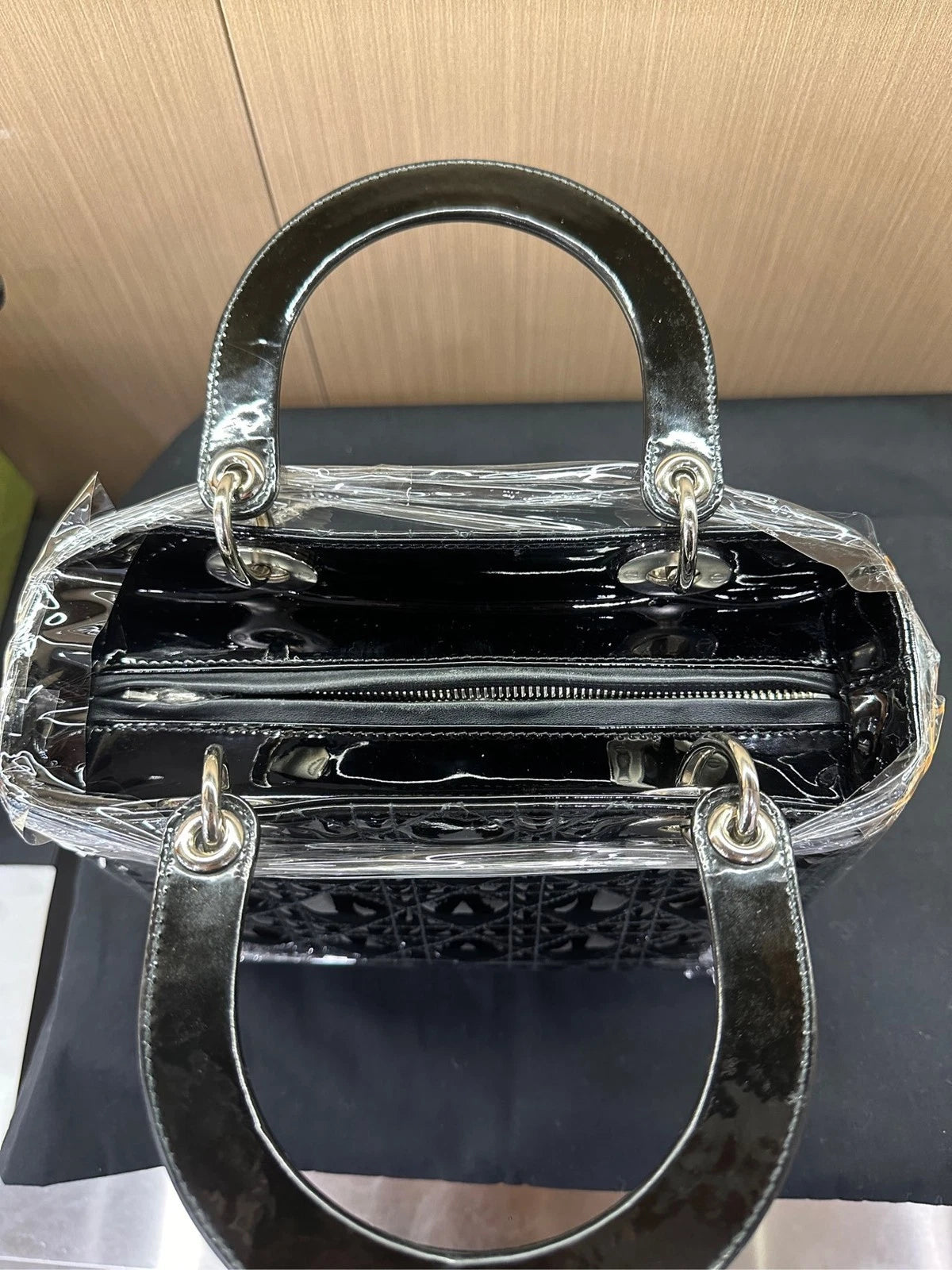Dior Lady Dior 5 Grid Patent Leather Black Silver Handbag For Women