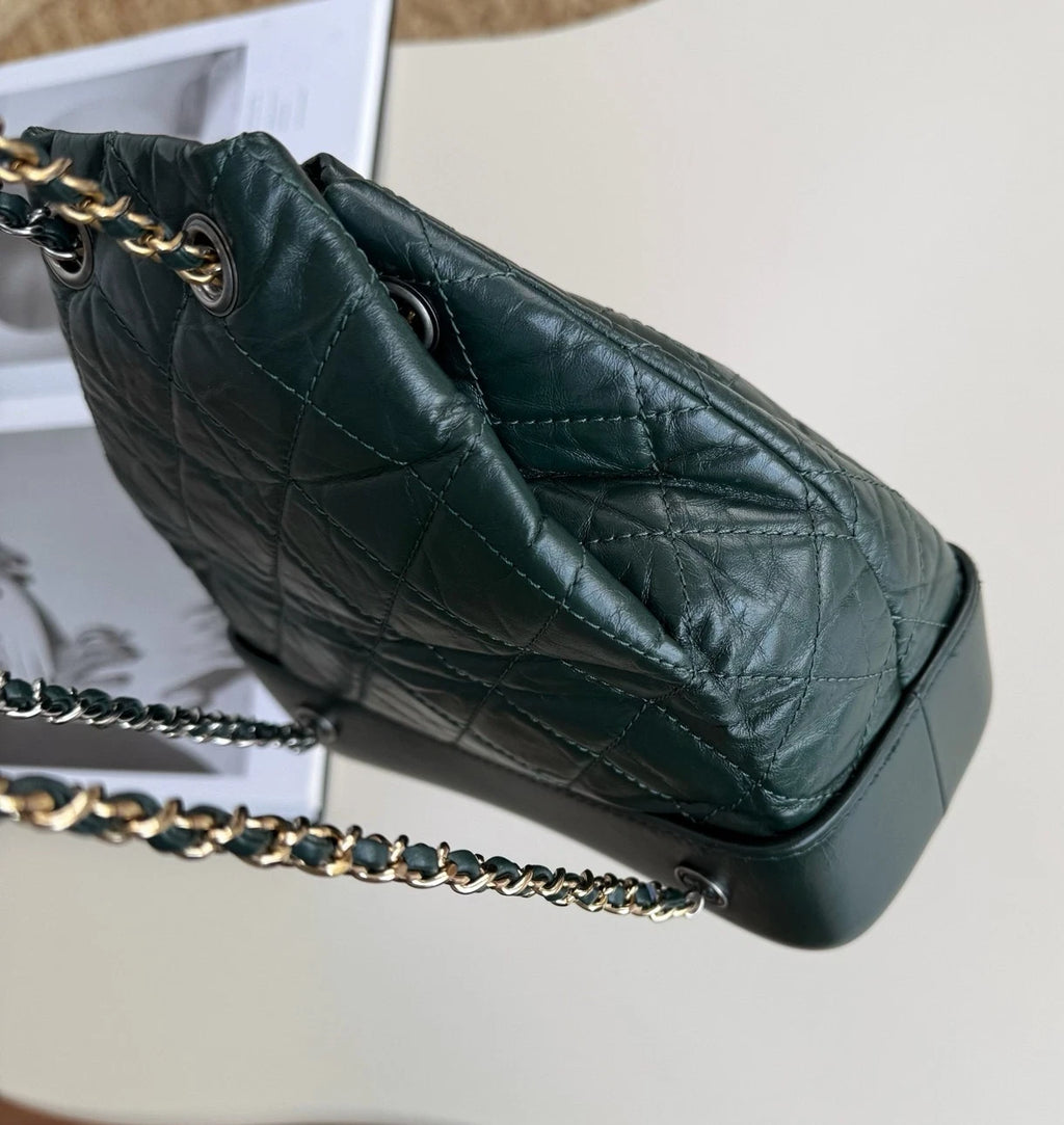 Chanel Gabrielle PM Chain Calfskin Backpack Green Gold Diamond Women Classic