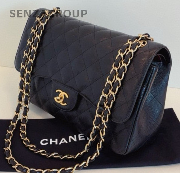 Chanel Classic Flap Jumbo Chain Shoulder Bag Crossbody Black Gold Women Fashion