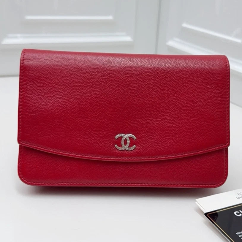 Chanel Woc Chain Shoulder Crossbody Bag Red Silver Hardware Women Fashion