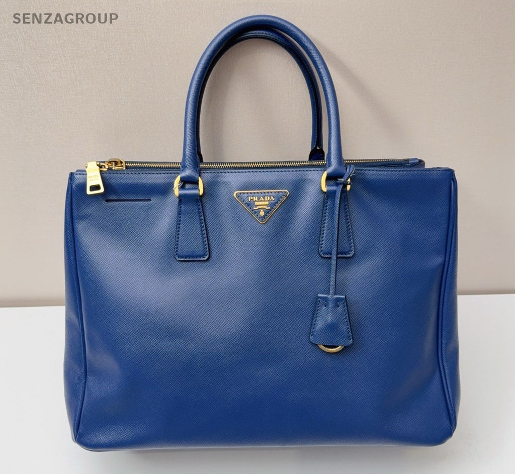 PRADA Saffiano Top Handle Blue Gold Handbag Women Classic