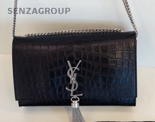 YSL Saint Laurent Kate MM Alligator pattern Chain Shoulder bag Black Silver